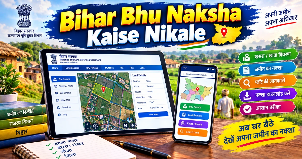 Bihar Bhu Naksha Kaise Nikale: बिहार भूमि नक्शा ऑनलाइन देखने और डाउनलोड करने की पूरी प्रक्रिया को दर्शाता हुआ 1200×630 फीचर इमेज