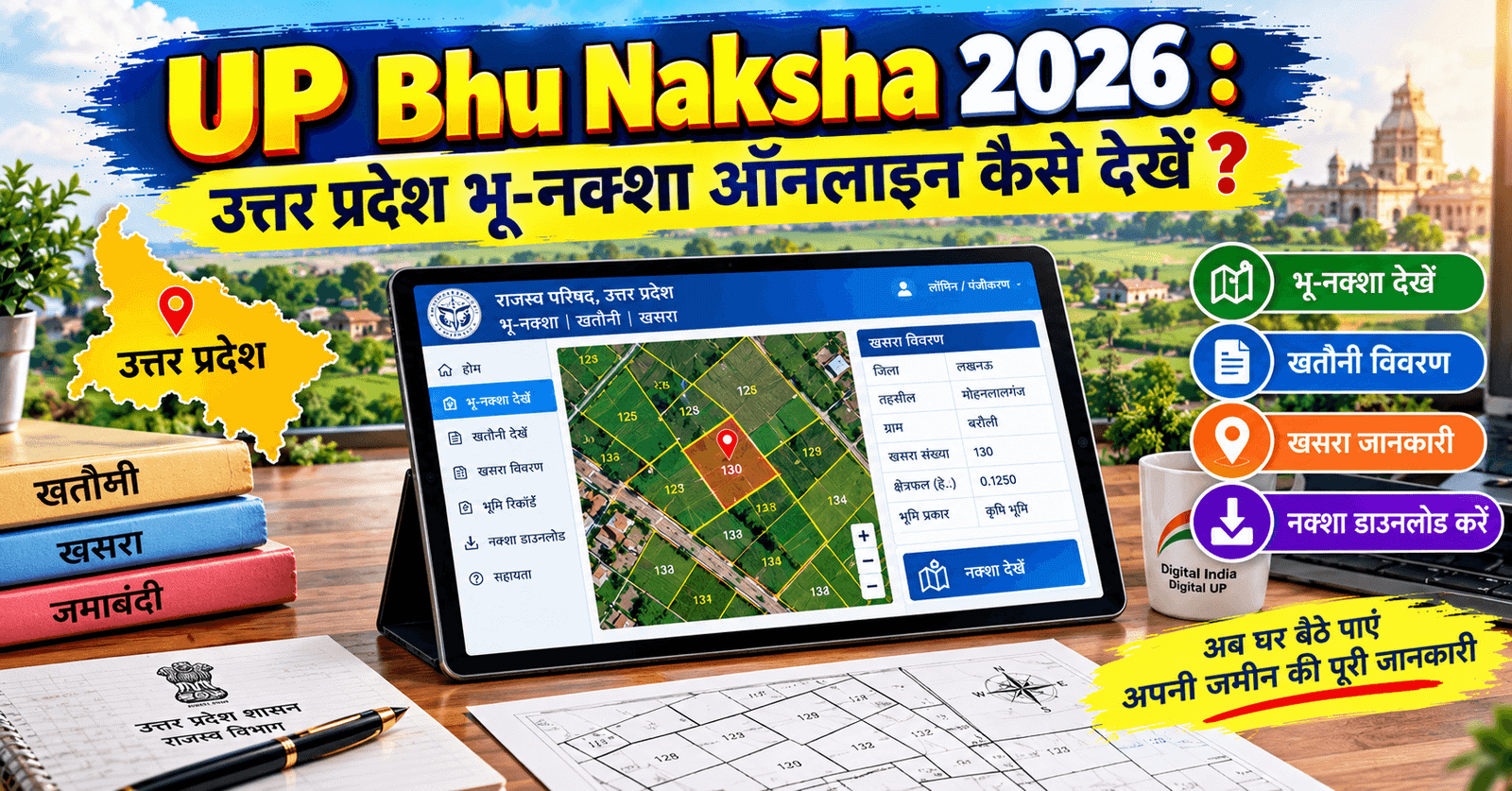 Up Bhu Naksha 2026 : उत्तर प्रदेश भू-नक्शा ऑनलाइन कैसे देखें और डाउनलोड करें? को दर्शाता हुआ 1200×630 फीचर इमेज