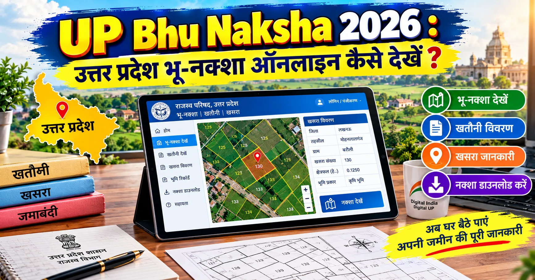 Up Bhu Naksha 2026 : उत्तर प्रदेश भू-नक्शा ऑनलाइन कैसे देखें और डाउनलोड करें? को दर्शाता हुआ 1200×630 फीचर इमेज