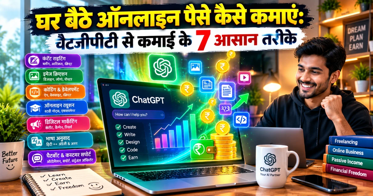 घर बैठे ऑनलाइन पैसे कैसे कमाएं: चैटजीपीटी से कमाई के 7 आसान तरीके को दर्शाता हुआ 1200×630 फीचर इमेज